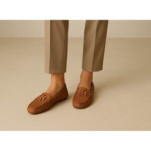 Tory Burch Brown ROYAL TAN ROLLED BRASS Loafers EVERLY DRIVER Leather Size 7.5